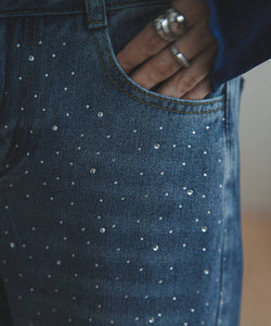 High-waisted loose rhinestone straight-leg jeans