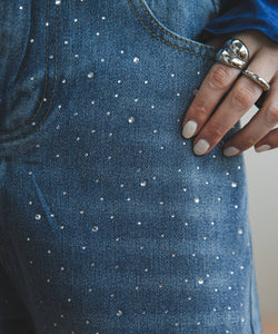 High-waisted loose rhinestone straight-leg jeans