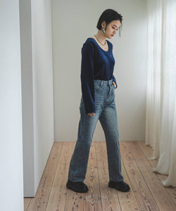 High-waisted loose rhinestone straight-leg jeans