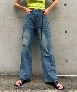 High-waisted loose rhinestone straight-leg jeans