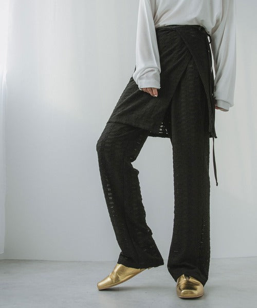 Wrap skirt suit with jacquard waffle pants