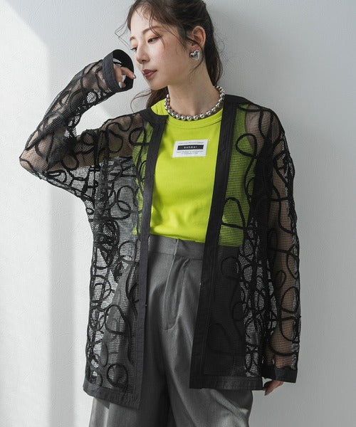 Cord-embroidered mesh waist cardigan