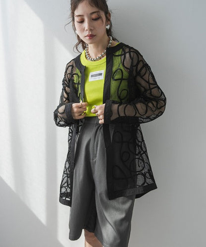 Cord-embroidered mesh waist cardigan