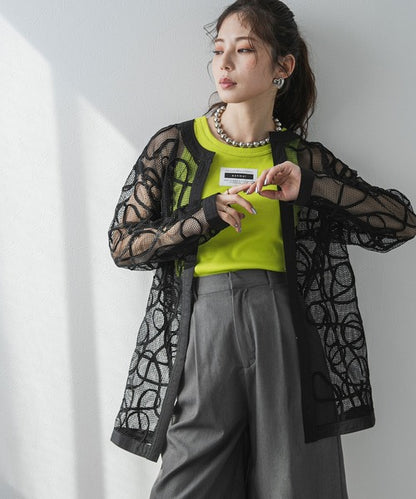 Cord-embroidered mesh waist cardigan