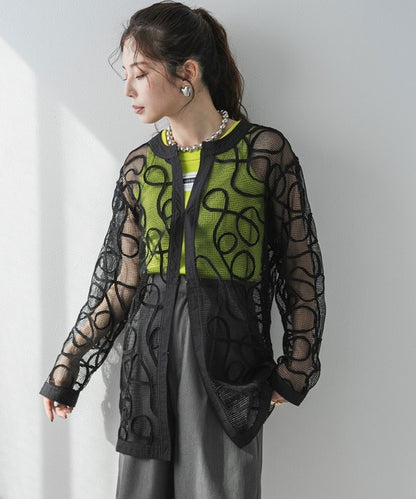 Cord-embroidered mesh waist cardigan