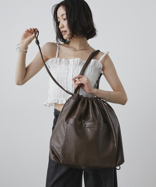 Eco-leather drawstring large pocket tote bag
