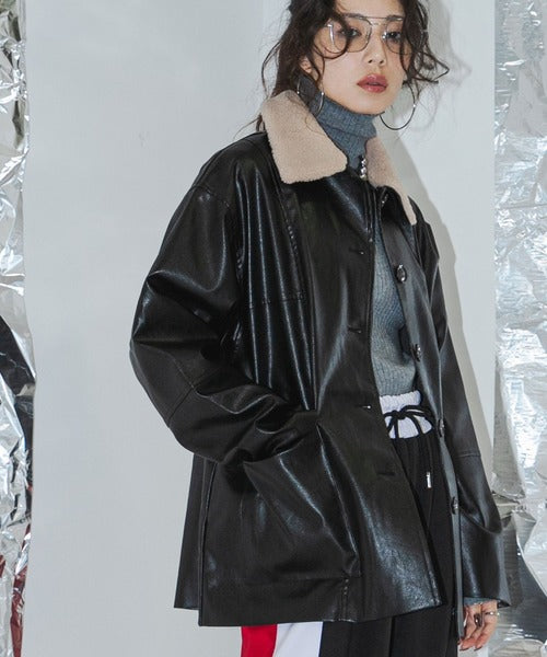 Oversized faux leather loose-fitting jacket