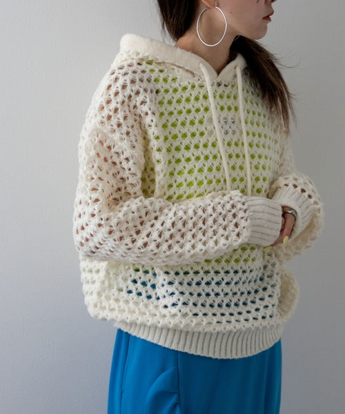 Openwork Mesh Hooded Pullover Knit